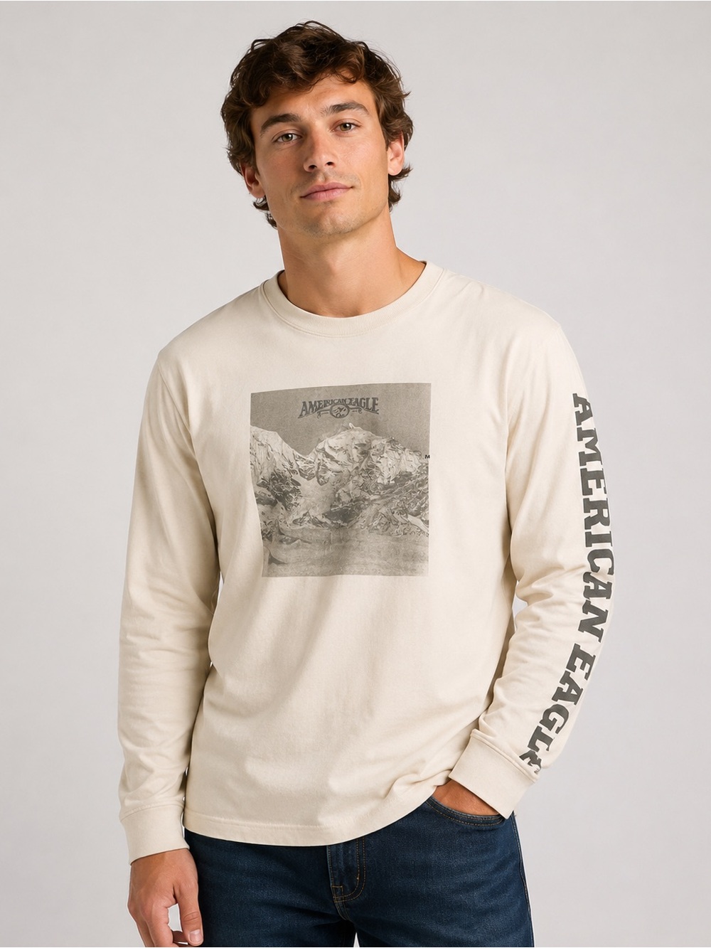 American Eagle Outfitters Men's Cream Graphic Long-Sleeve Tee M